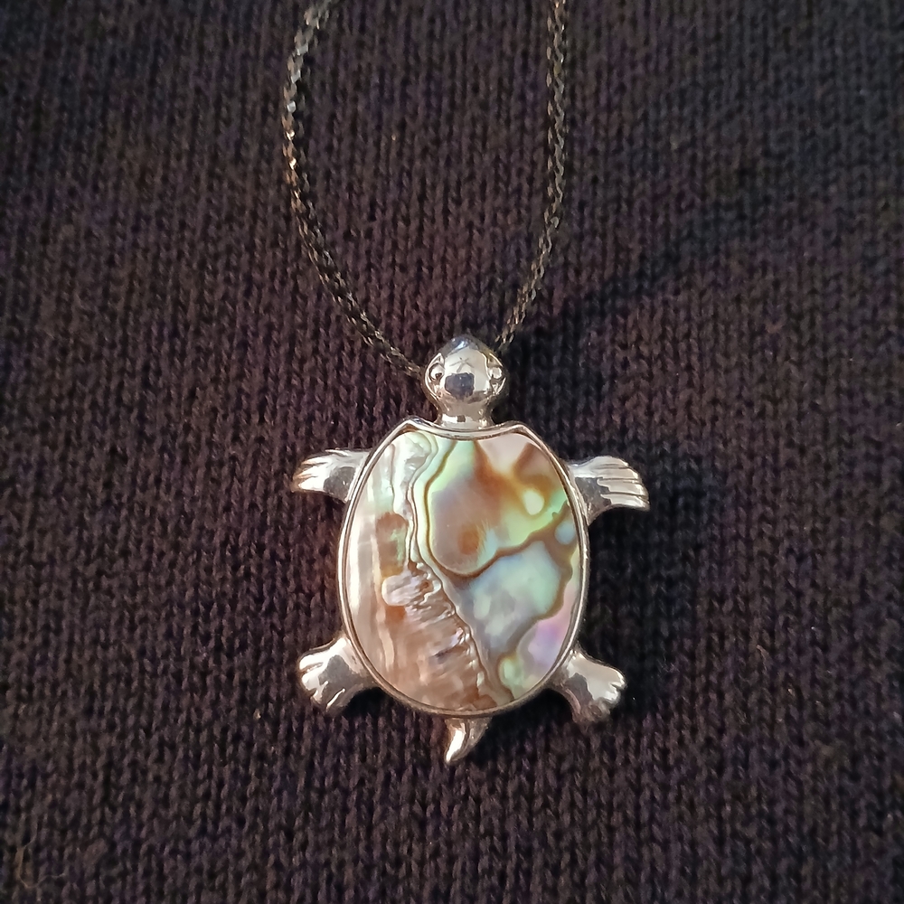 Silver Turtle Pendant Necklace with Abalone Shell